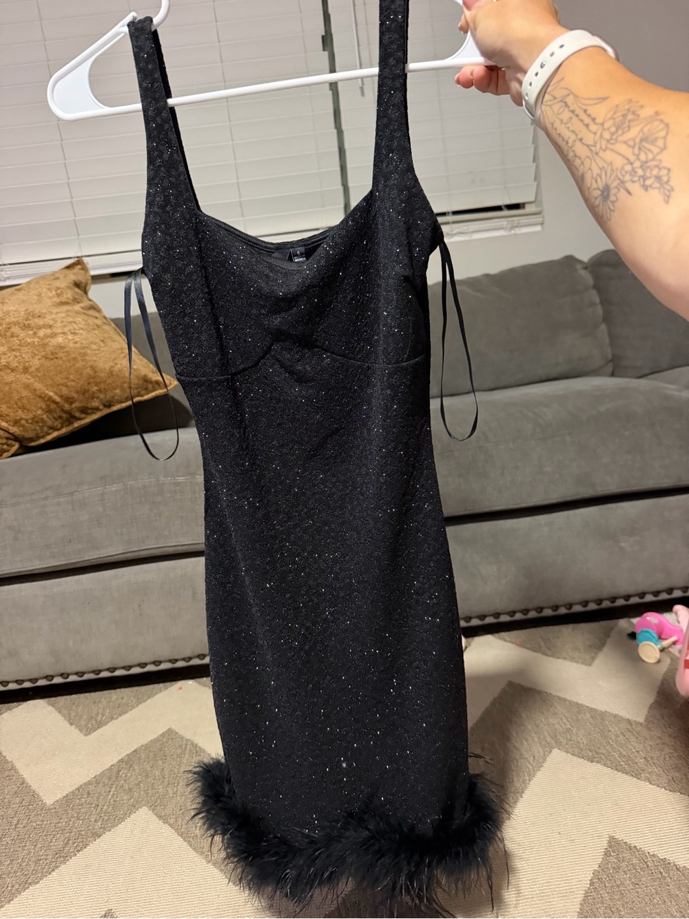 Windsor Black Sparkle Mini Dress with Feather Hem